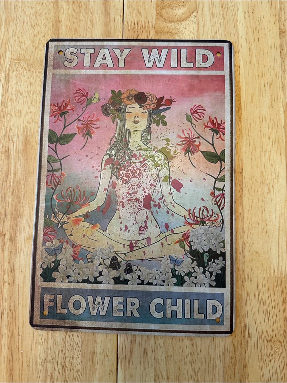 Stay Wild Flower Child Wall Art - Pink & Blue Vintage Botanical Metal Wall Art